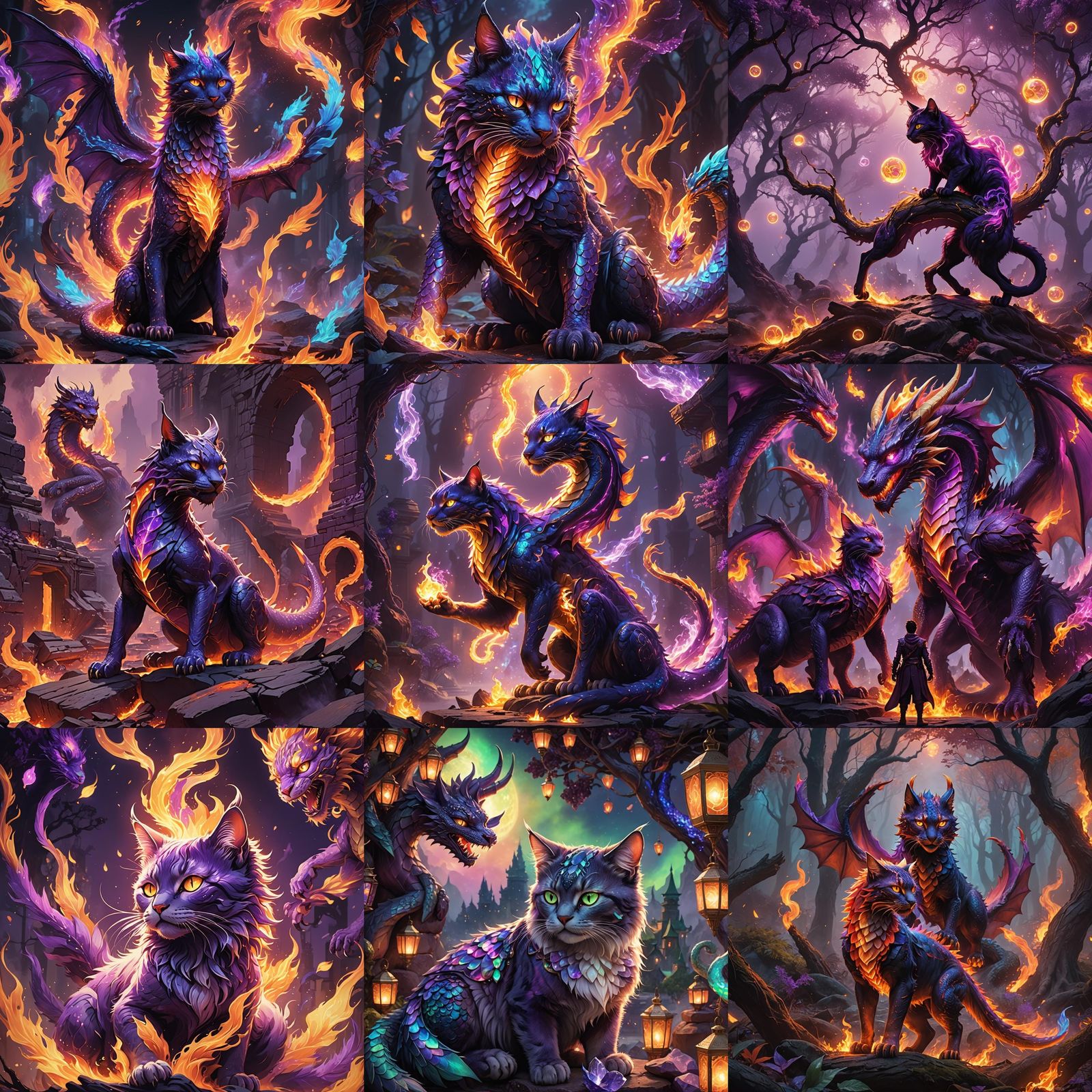 Flaming Cat with Neon Aura: Fantasy Concept Art