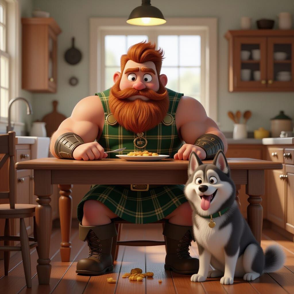 Sad Redhead in Kilt with Dog, Pixar Style