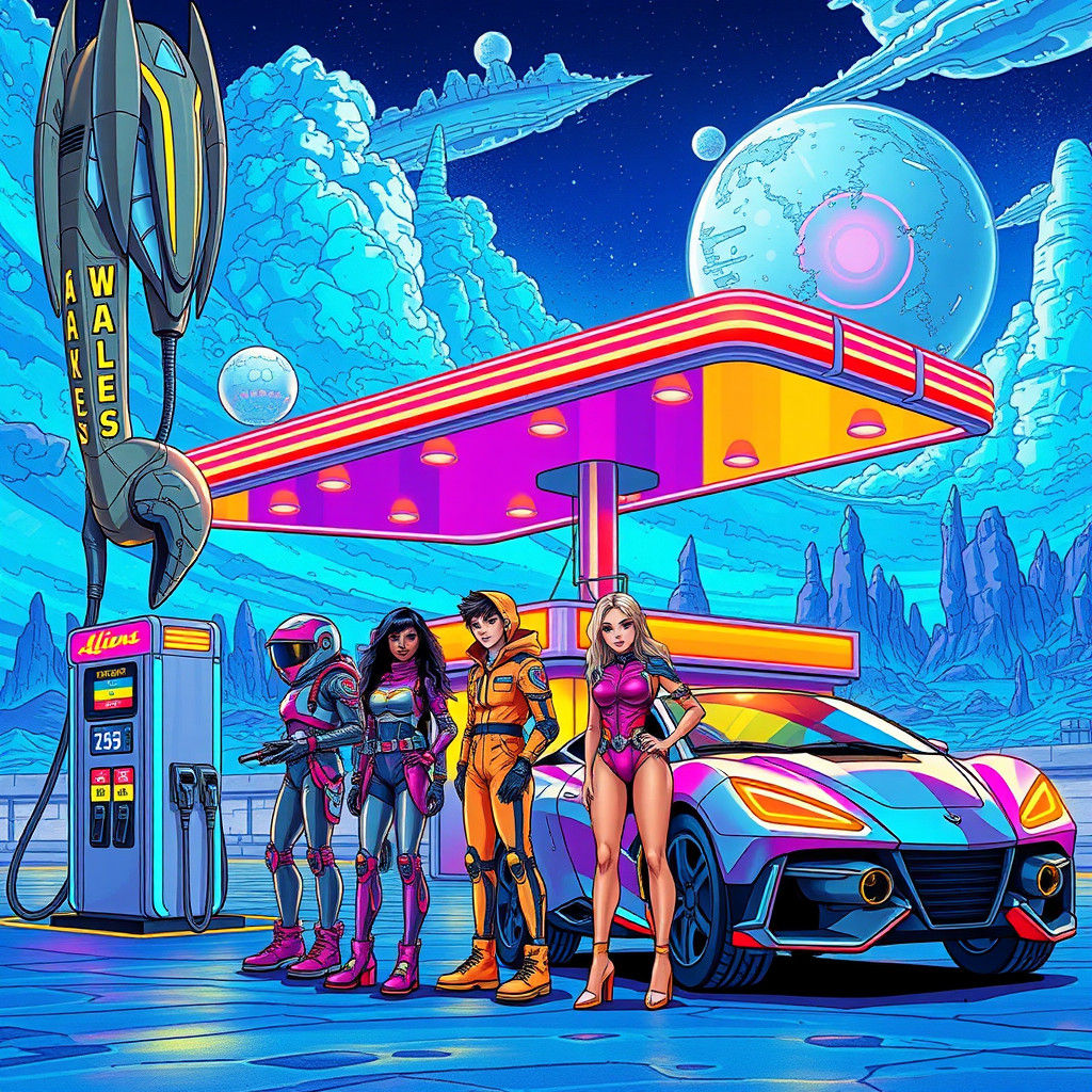 Futuristic Teens Refueling at Alien Gas Station