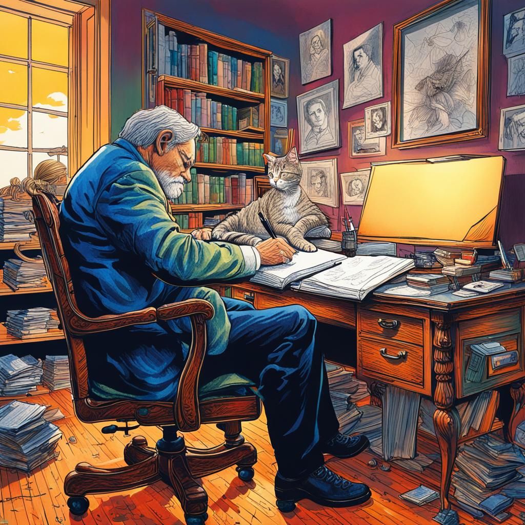 Hyperrealistic Writer at Work with Cat in Office