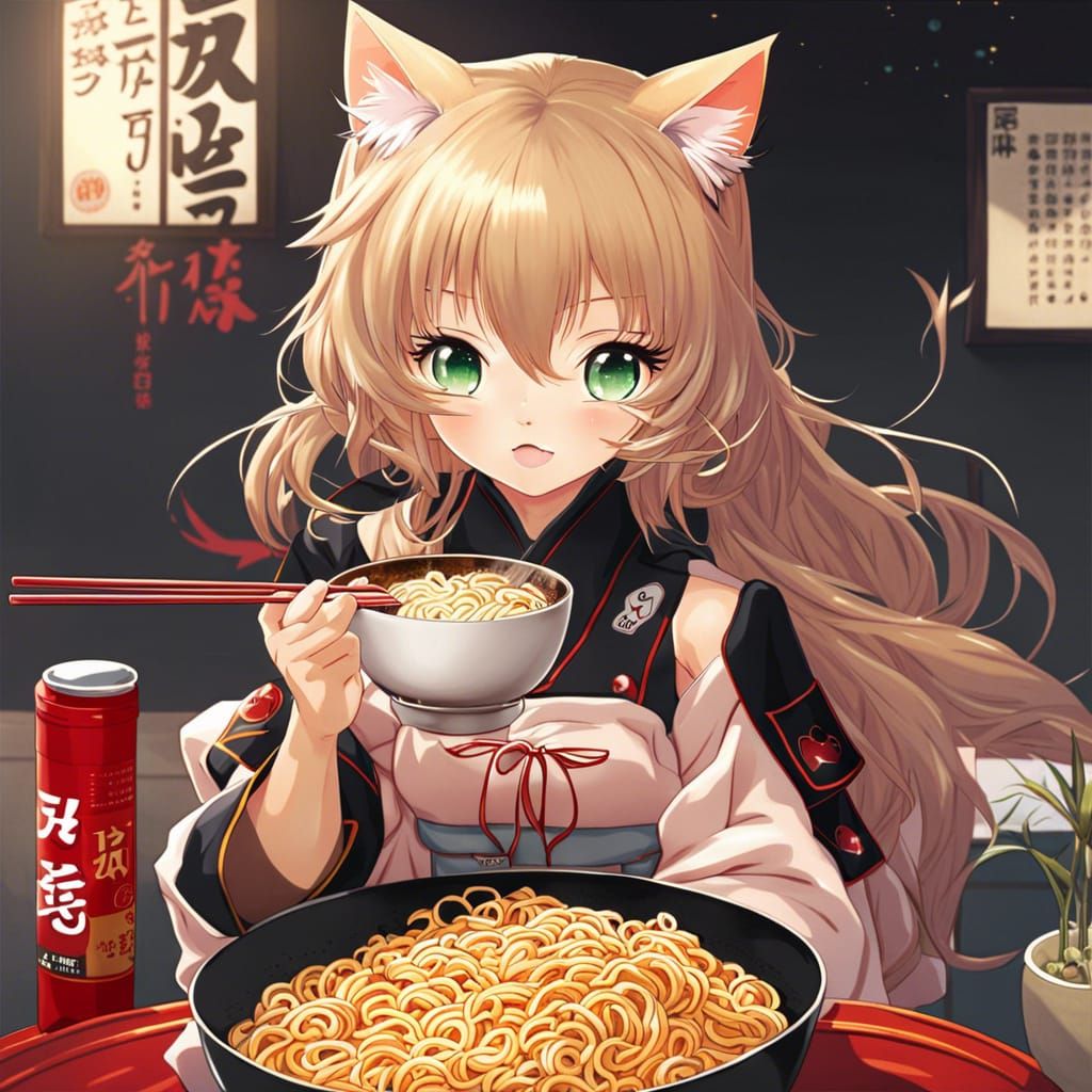 Cat Girl Enjoys Ramen: Anime Style Illustration