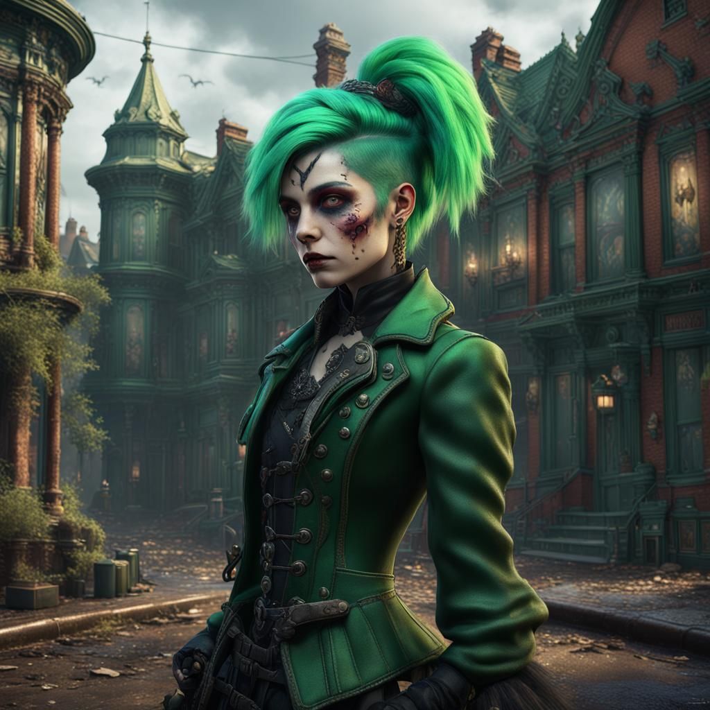 Victorian Punk Woman with Green Hair