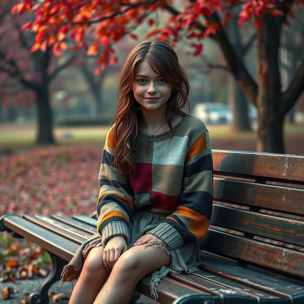 Young Woman in Whimsical Park Scene, Painted in Detailed, Dr...