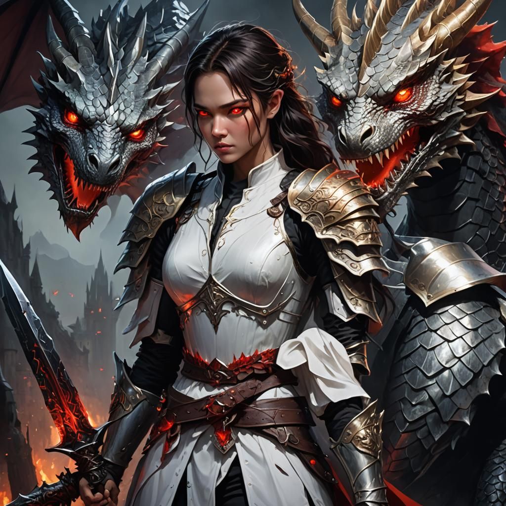Dragon Man and Armored Woman in Dark Fantasy Art