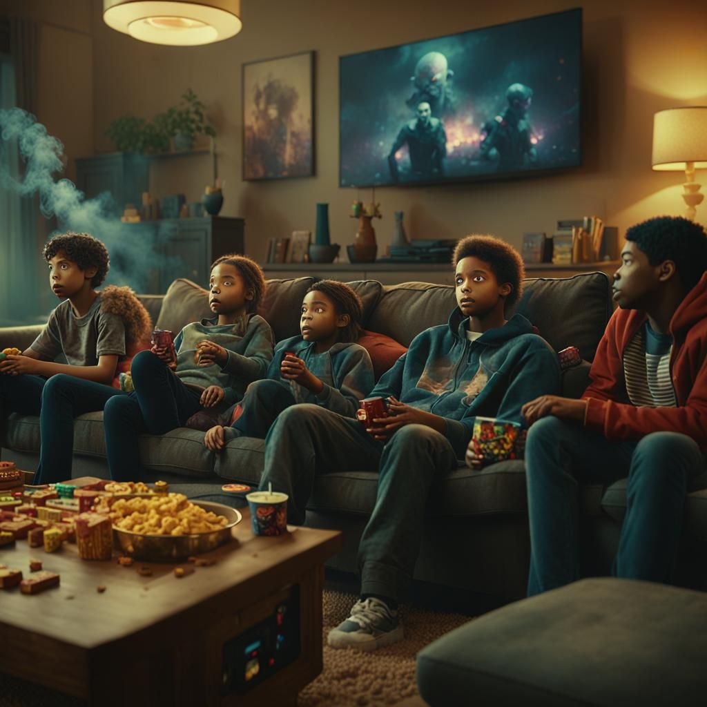 Cinematic Living Room Scene with Golden Lighting