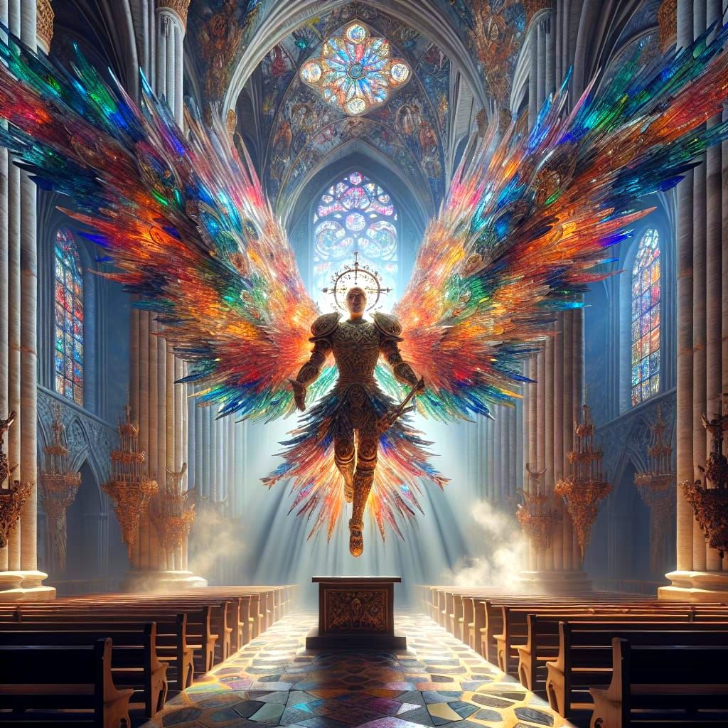 Gothic Saint Michael Ascends in Vibrant Stained Glass Splend...