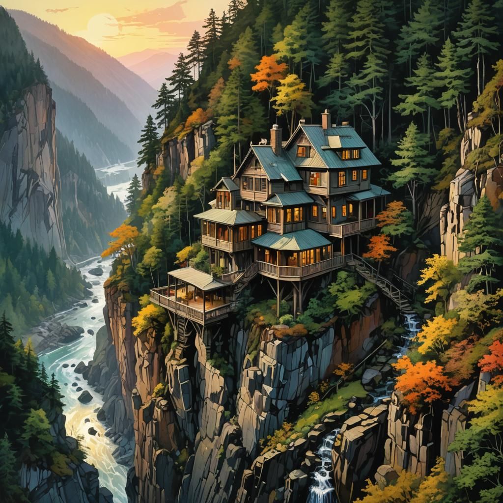 Escher House on Cliff: Brush Pen Drawing