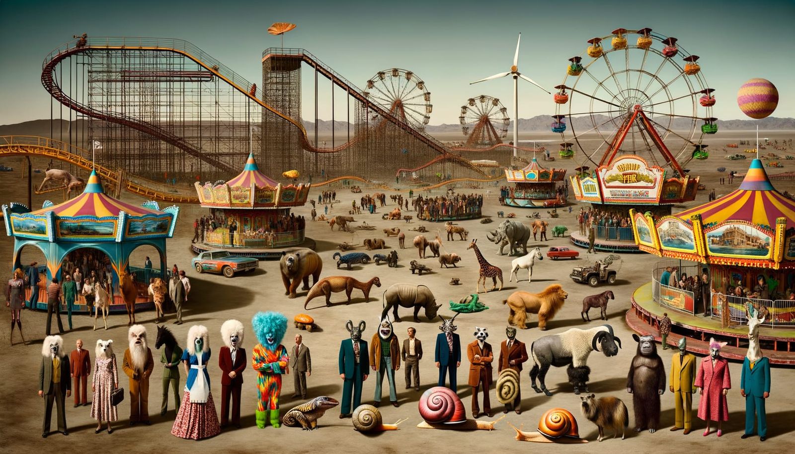 Dystopian Carnival with Animals in 1970s Fashion