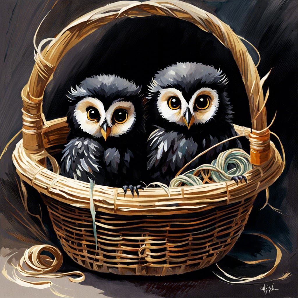 Cute Black Baby Owls: Gouache and Watercolour Painting