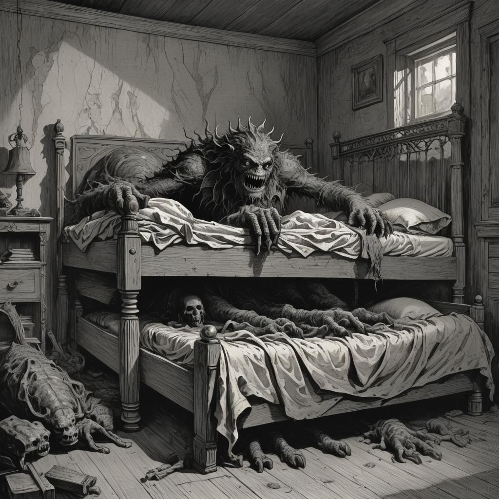 Child's Imagination: Monster Under the Bed in Horror Style
