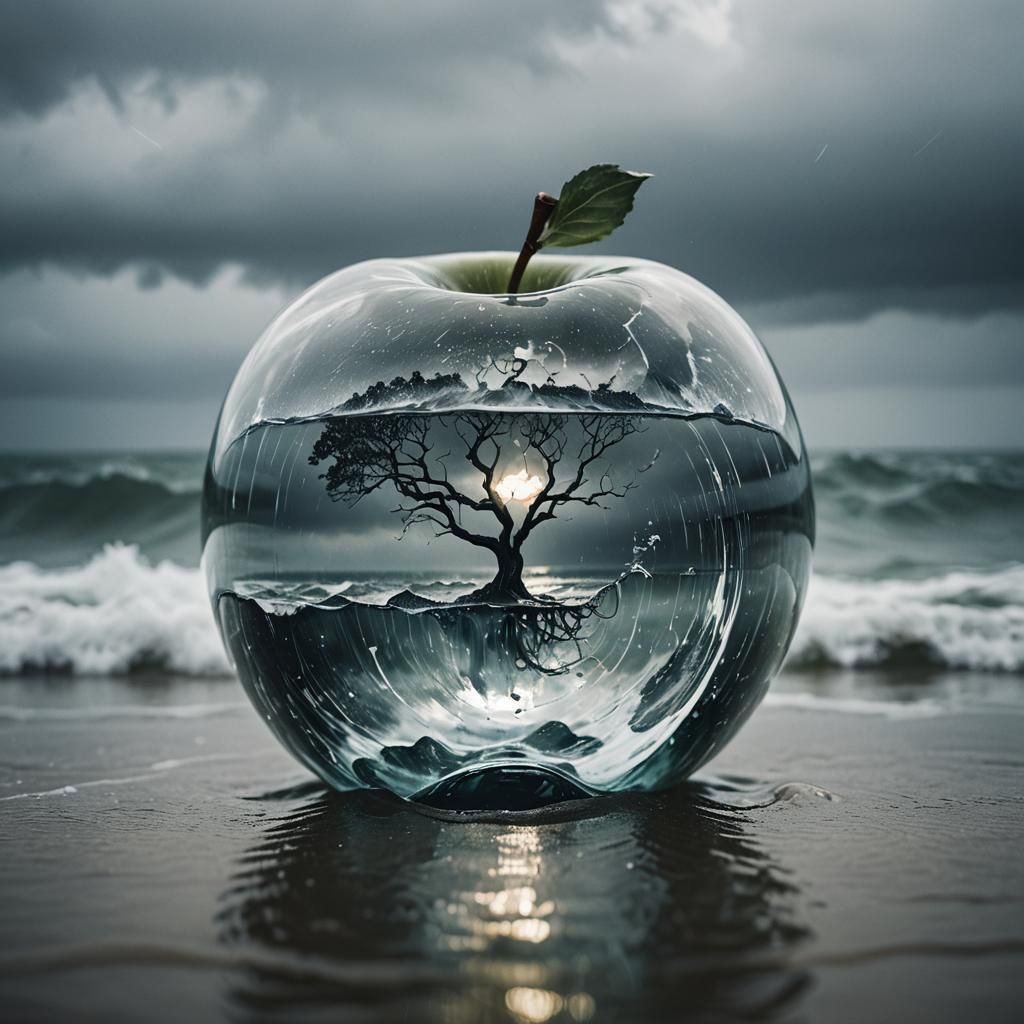 Stormy Sea Inside a Glass Apple: Double Exposure