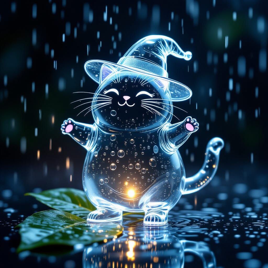 Dancing Droplet Cat in Rain, Close-up