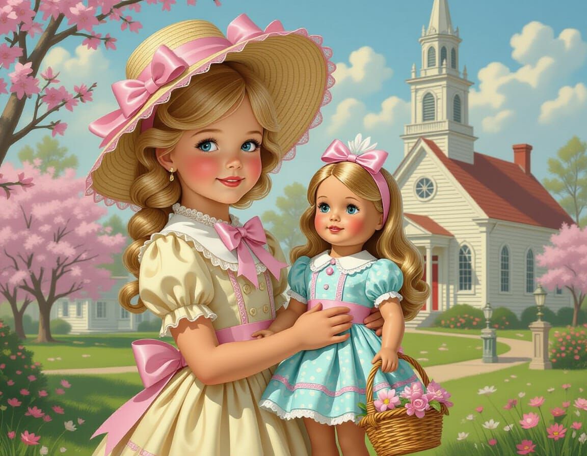 Regency Girl with Doll in Dreamy Pin-Up Style