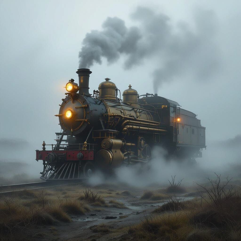 Steampunk Engine in Ethereal Fog on Desolate Moor