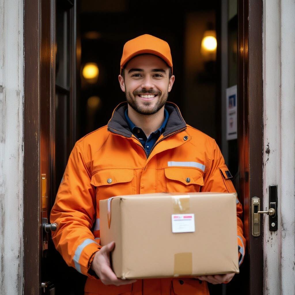 Smiling Delivery Boy at Door in Cinematic Style