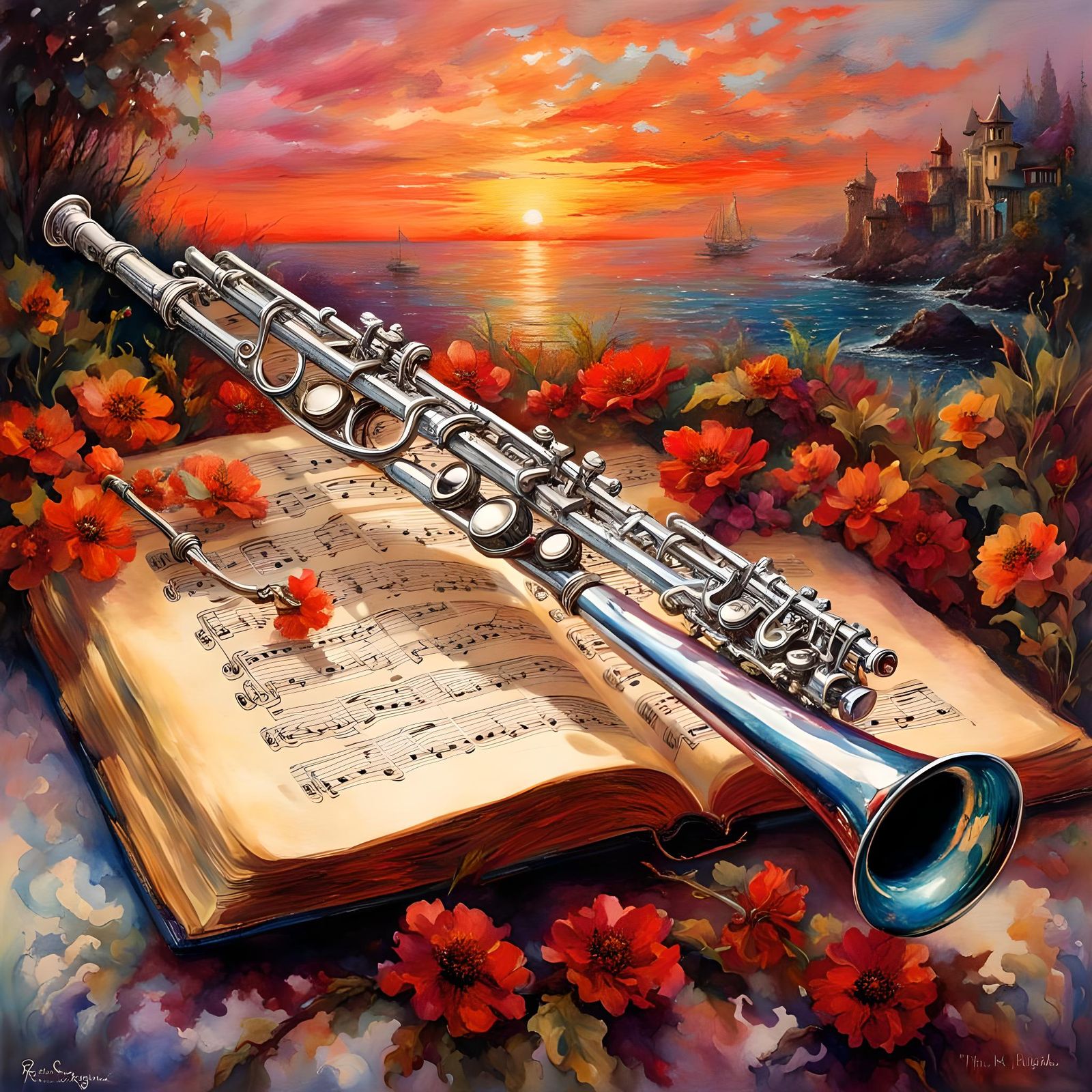 Silver Flute on Music Book in Watercolor Style