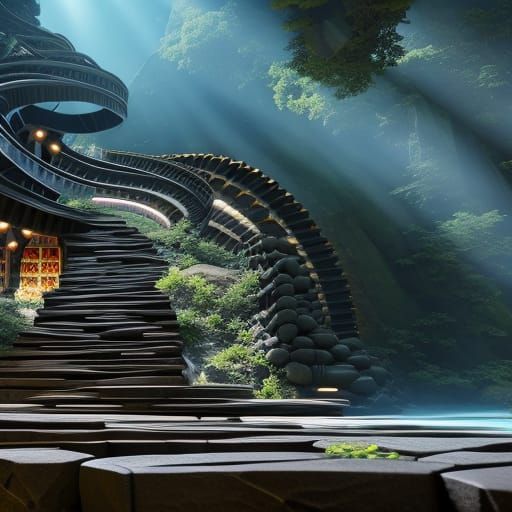 Glass Spiral Staircase in Forest, Detailed CGI Art