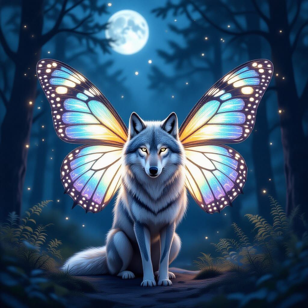 Silver Wolf With Iridescent Butterfly Wings In Moonlit Fores...