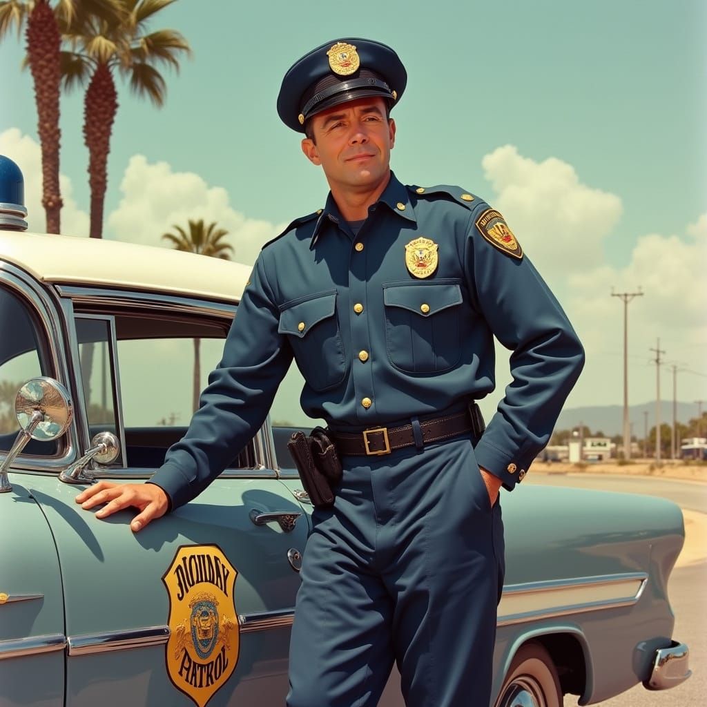 Highway Patrol Officer Stands Confidently Beside Vintage Pol...