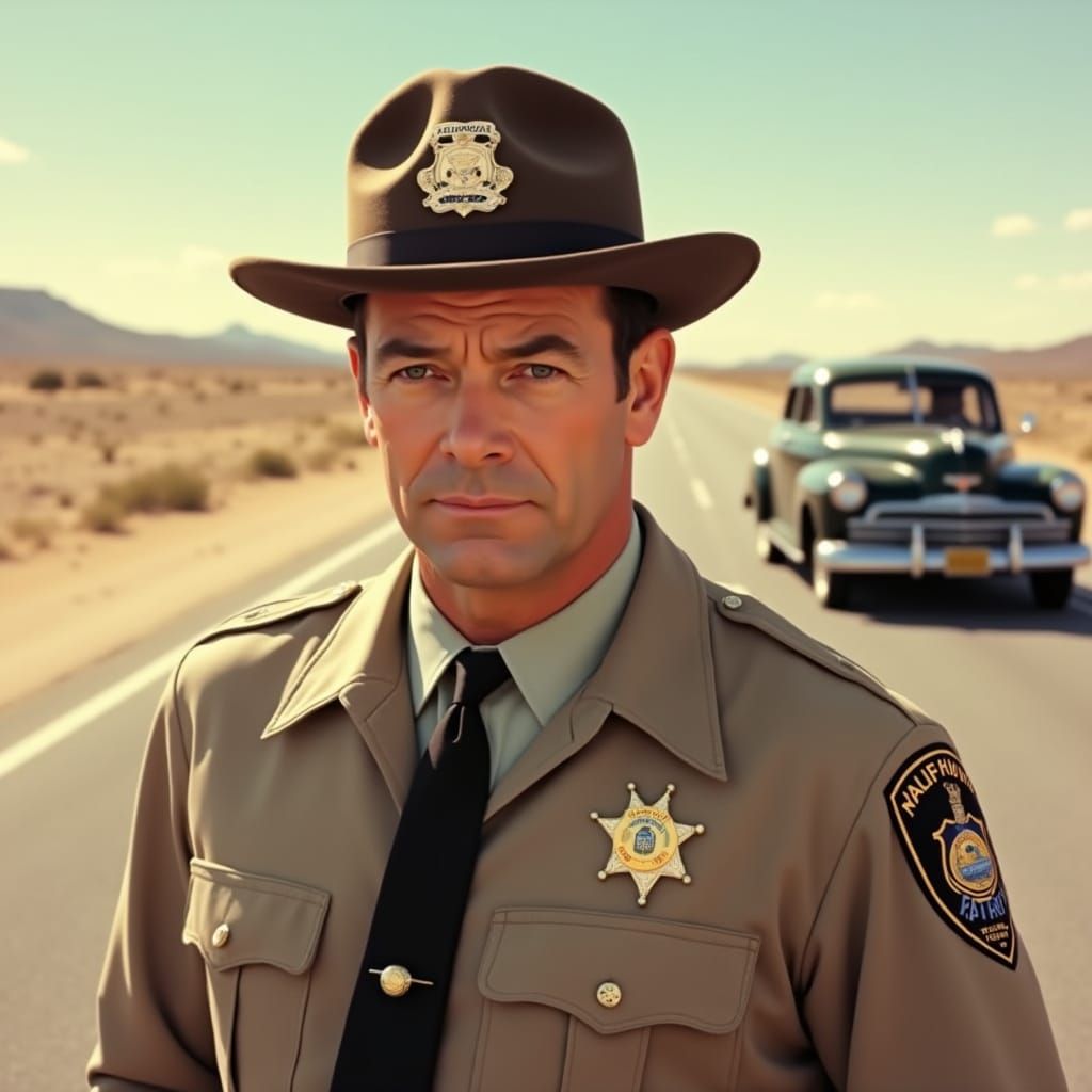 California Highway Patrol Officer in 1950s Desert Landscape