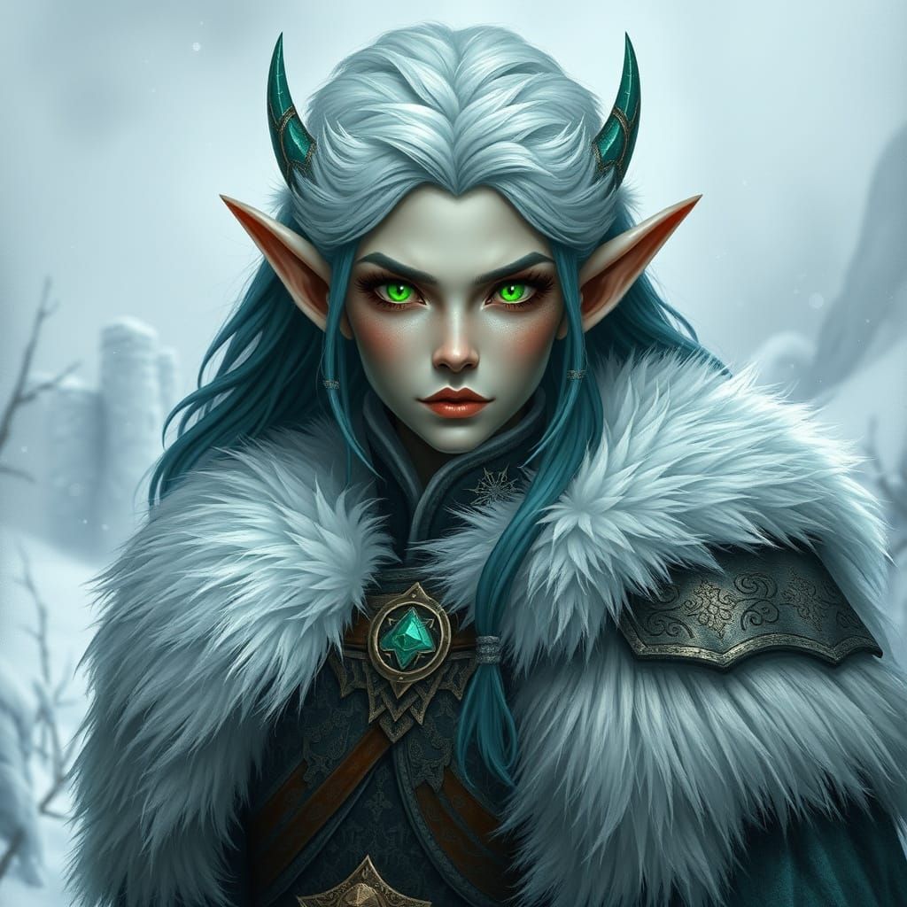 Regal Elf in Viking Costume, Winter Landscape