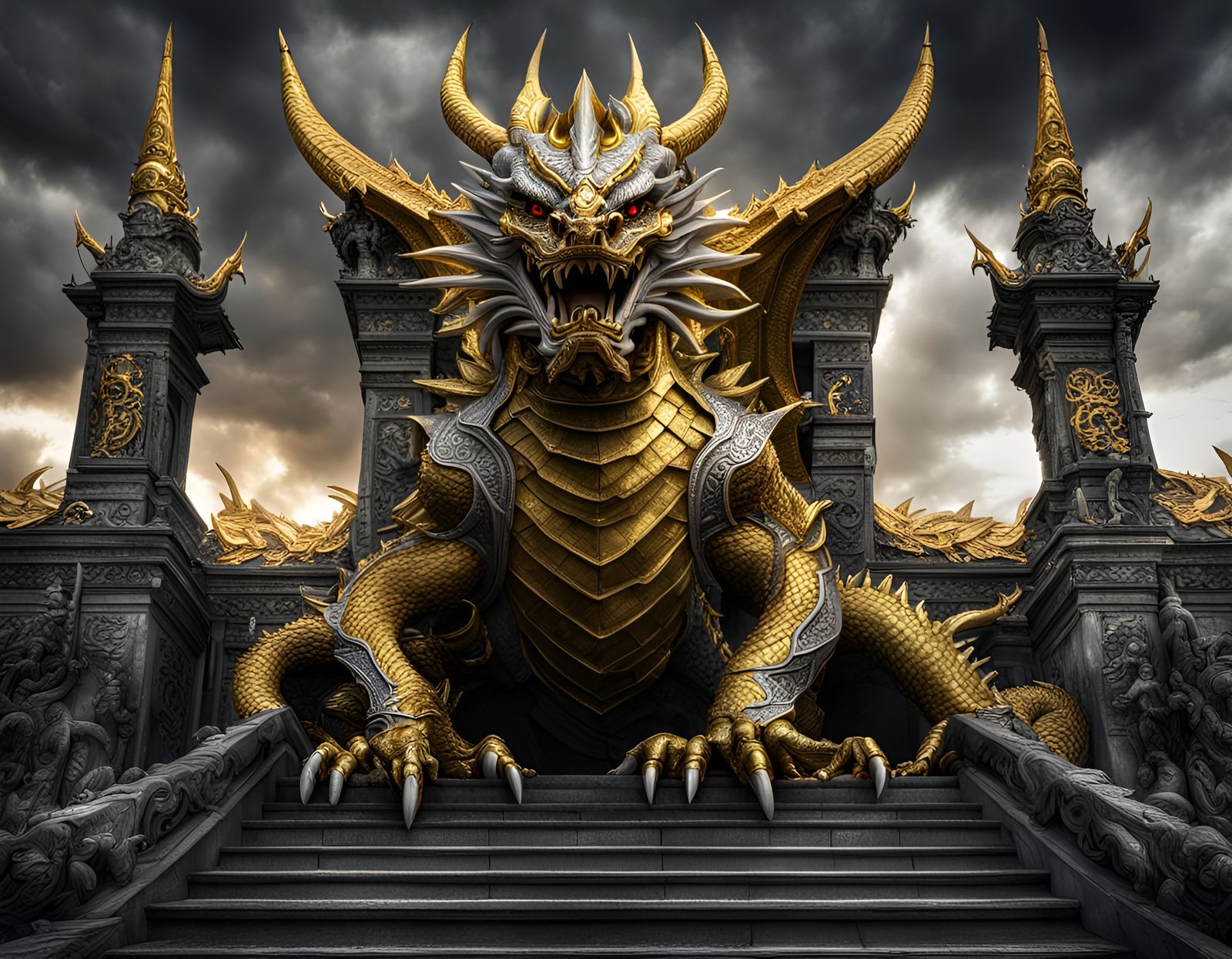 Armored Gold and Silver Dragon Guarding Hell's Gate