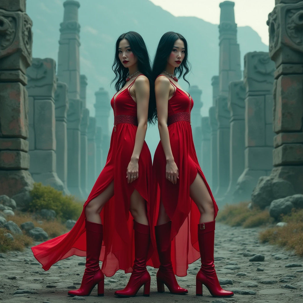 Twins in Red on Desolate Landscape, Digital Matte Painting