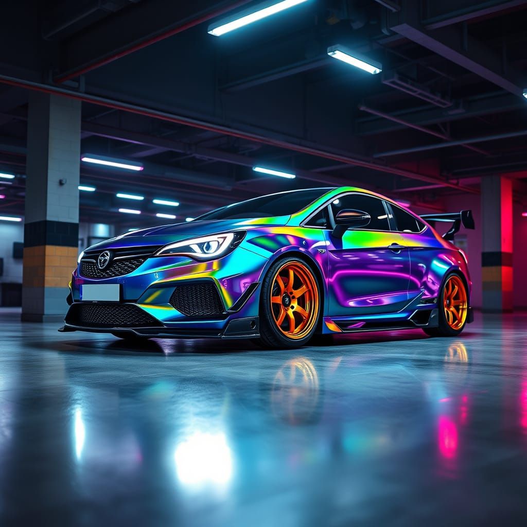 Cyberpunk Opel Astra H in Neon Garage