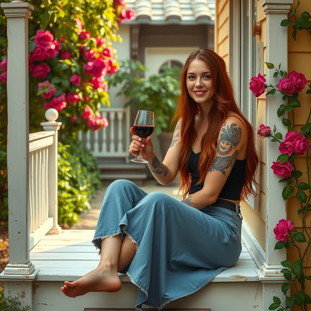 Confident Redhead Sipping Wine on Cottage Porch