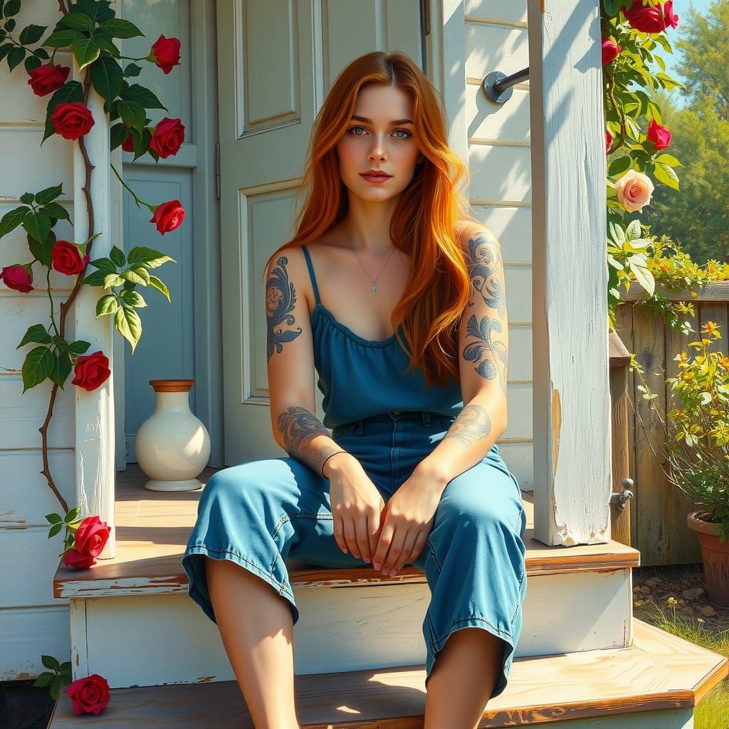 Redhead on Porch in Impressionistic Style