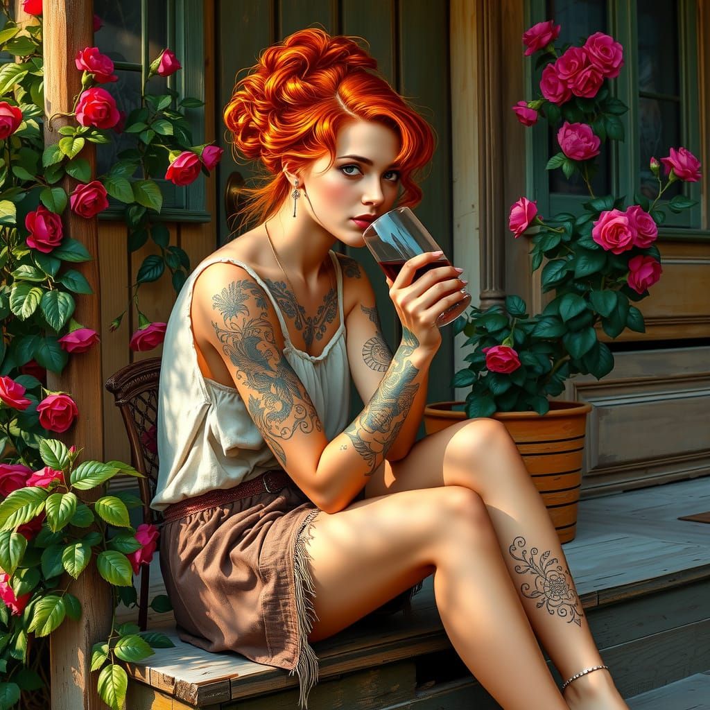 Redhead Sipping Wine on Cottage Porch
