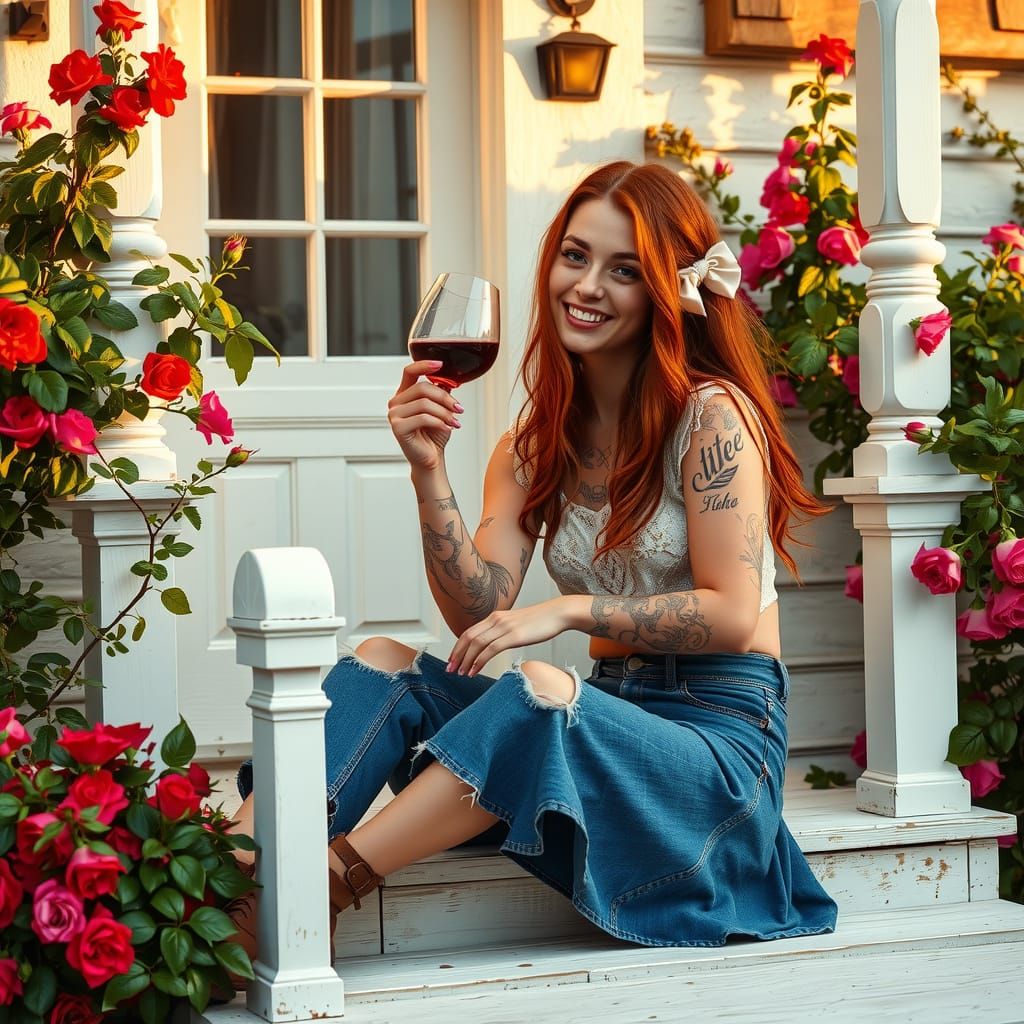 Redhead Sipping Wine on Cottage Porch