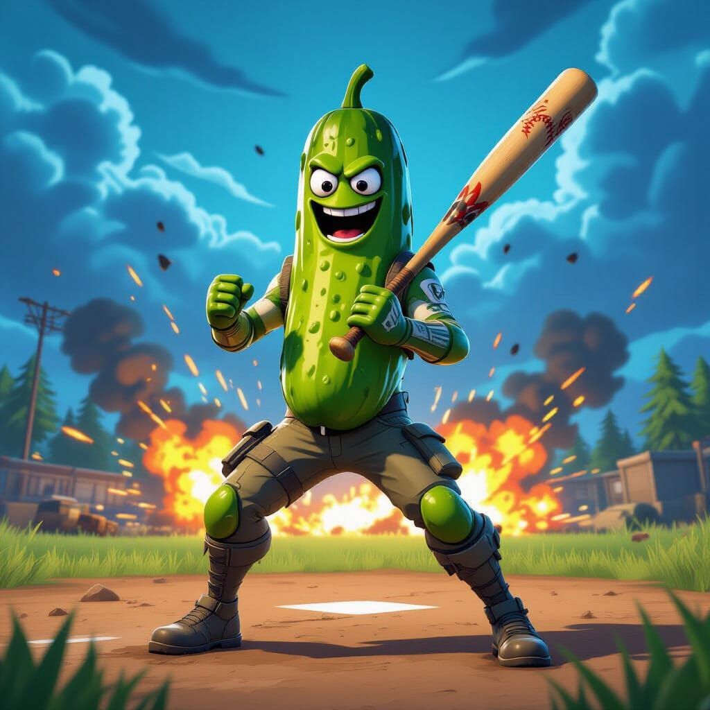 Fortnite Pickle Character Poses with Bat on Battlefield