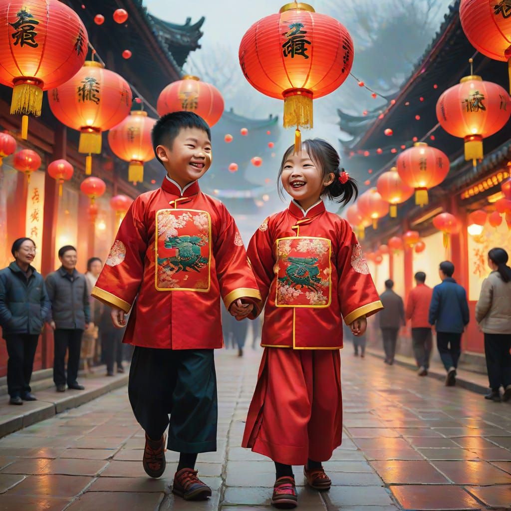 Children in Vibrant Chinese New Year Attire Gaze Forward wit...