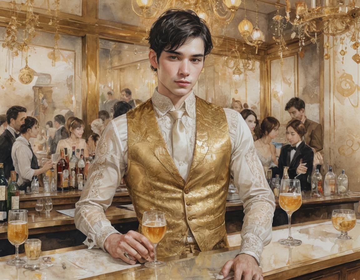 Golden Waiter Serving Drinks Watercolor Art