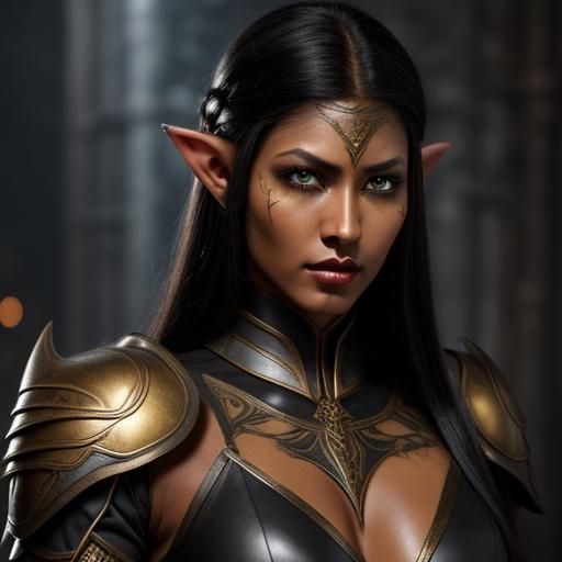Warrior Elf Woman with Black Leather Armor
