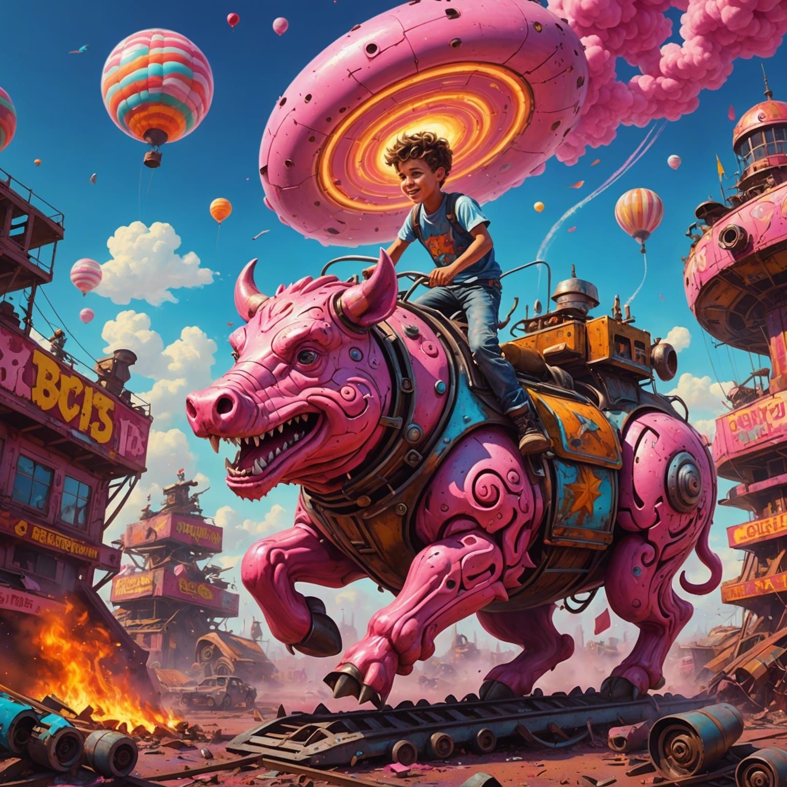 Boy Rides Mechanical Boar in Candyland Style