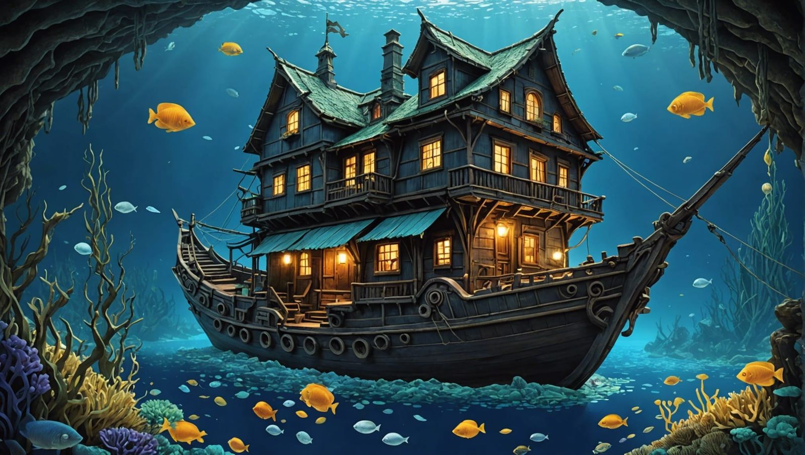Sunken Ship in Underwater City: Digital Art