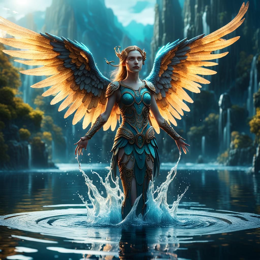 Angelic Figure with Light Wings on Water