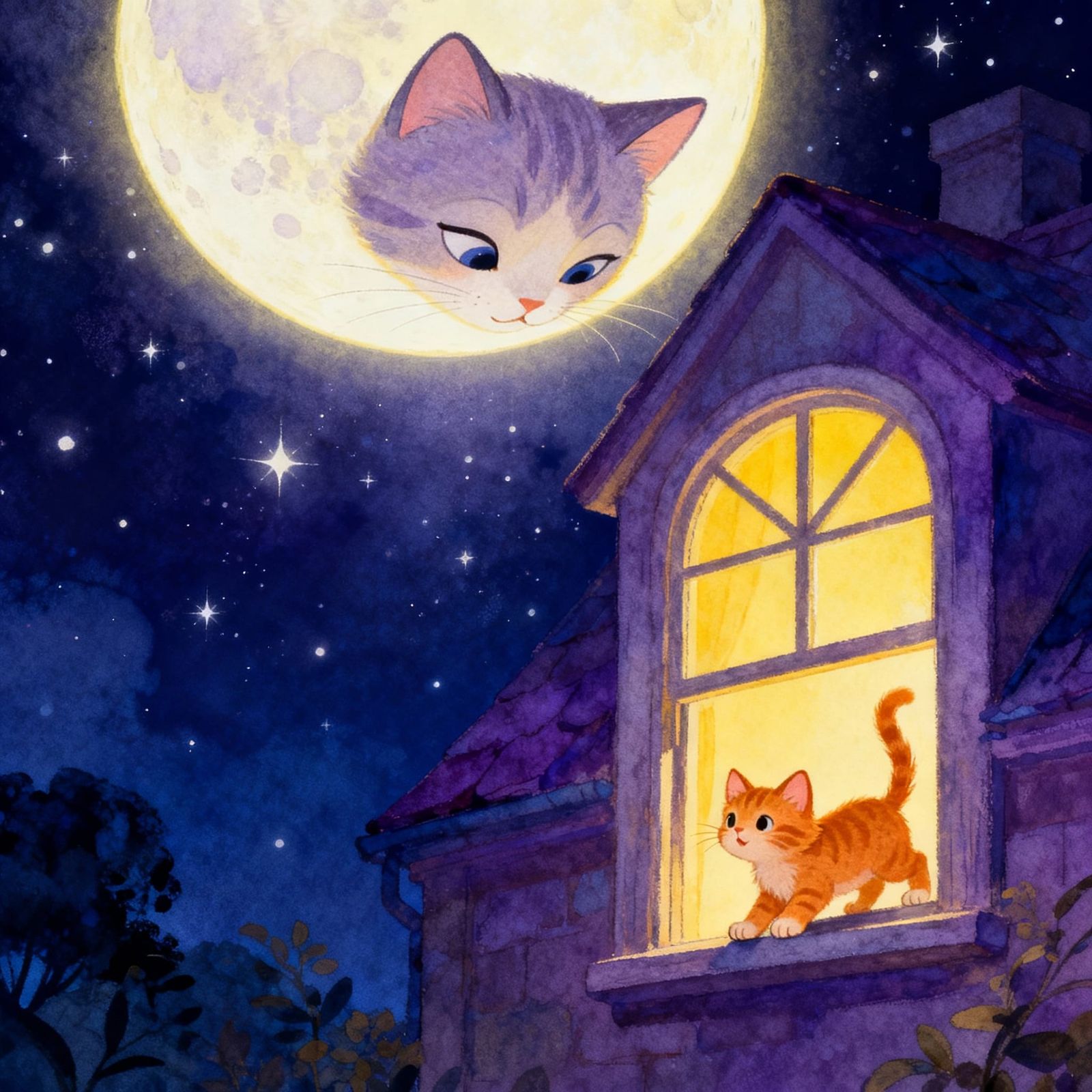 The Moon with the face of a cat looking down at a cat inside...