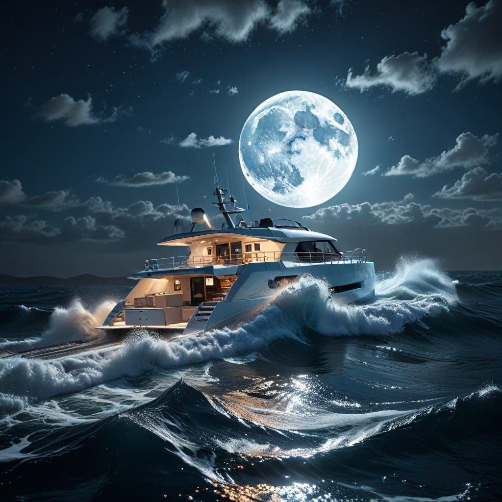 Hyper-Realistic Catamaran Sailing on Agitated Ocean Under Fu...