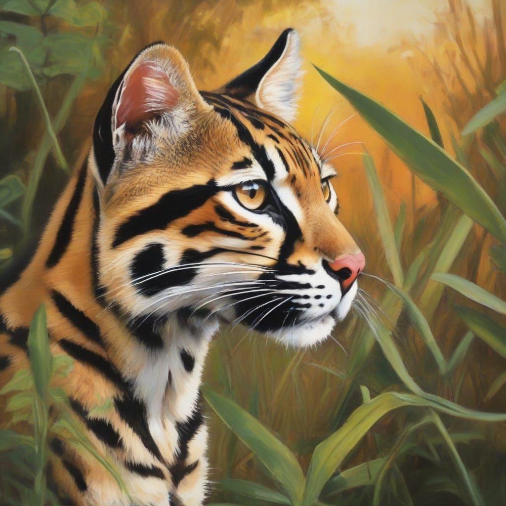 Mysterious Ocelot Portrait in Vibrant Sunset