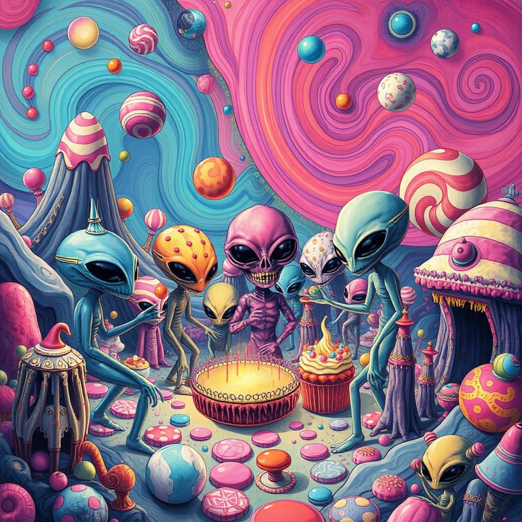 Whimsical Alien Rave Party in a Surreal Candyland Wonderland