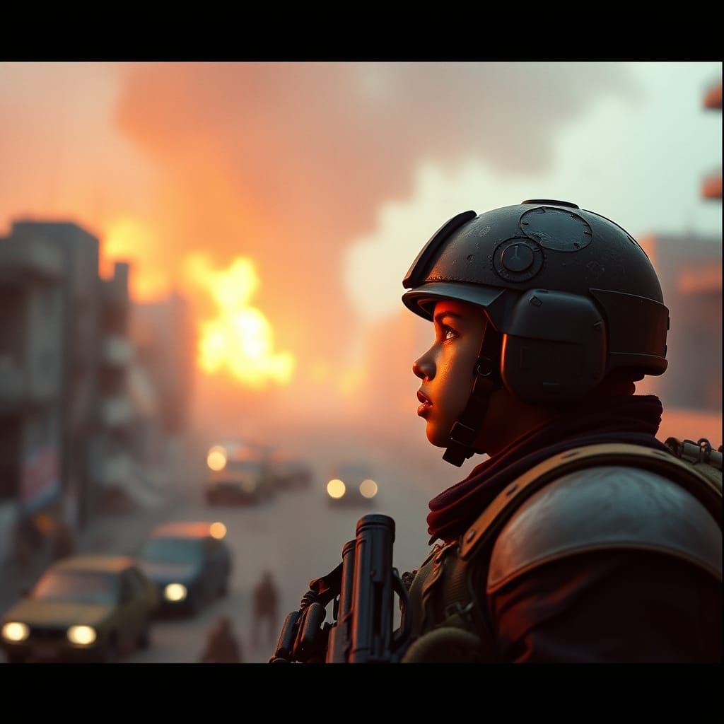 Boy Crying Next to Soldier in War-Torn City