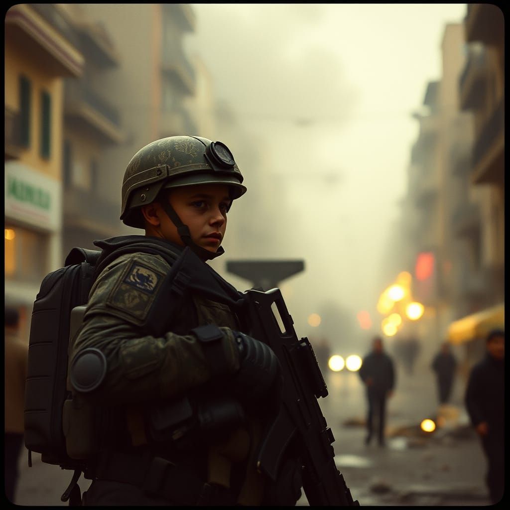 Hyperrealistic Image of Boy Crying Beside Soldier