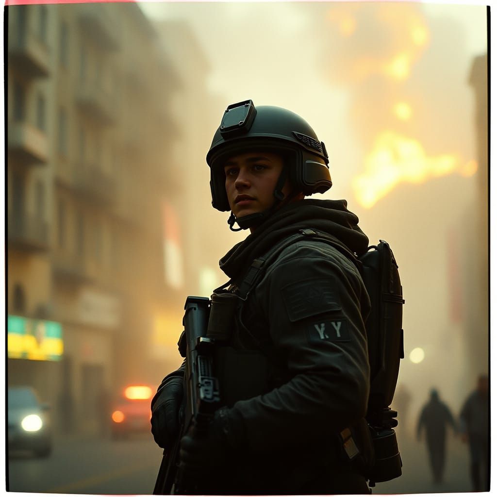 Child and Soldier in War-Torn City: Hyperrealistic Style