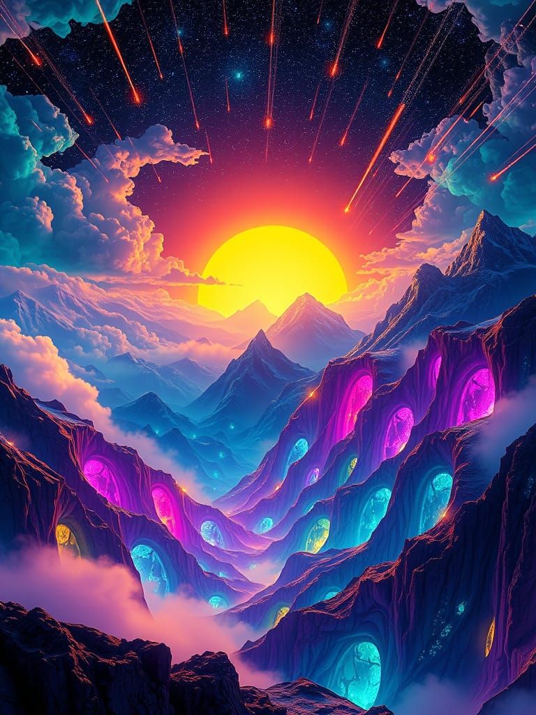 Ethereal Sunset on a Warped Mountain Landscape in Hyper-Surr...