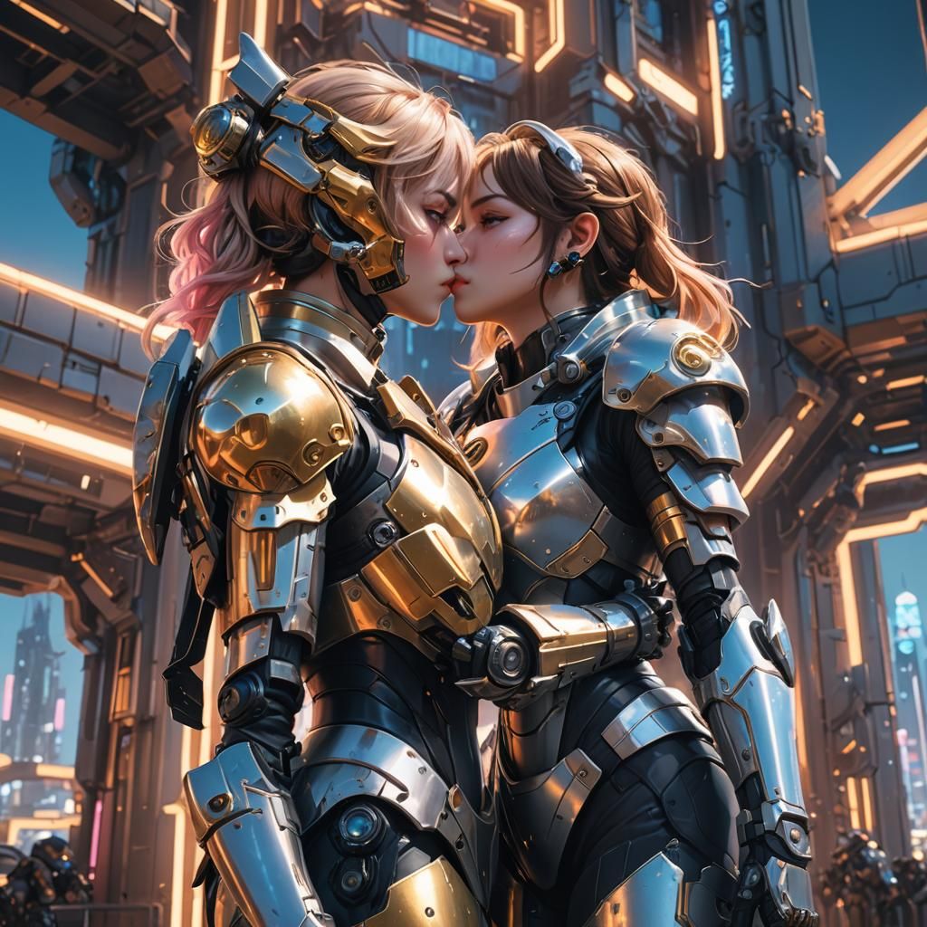 Anime Girls Kissing on Futuristic Tower in Power Armor