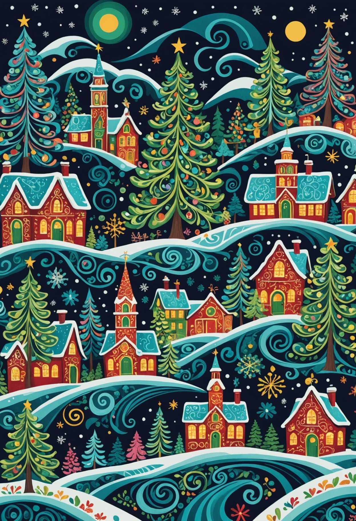 Ornate Winter Holiday Scene in Vibrant Folk Art Style