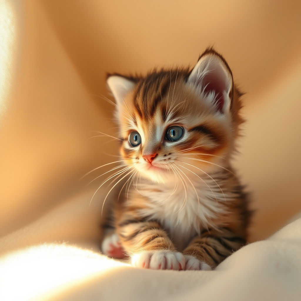 Adorable Kitten in Golden Light, Pastel Painting Style